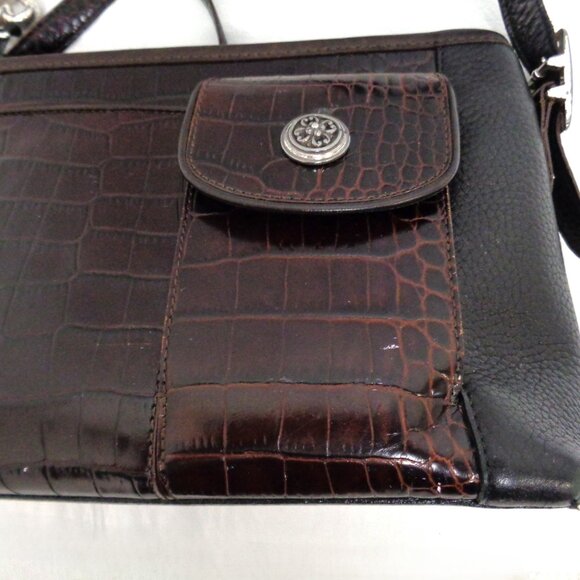 VTG BRIGHTON Organizer Black & Brown Leather Croc Embossed Shoulder Bag Purse - Picture 16 of 16